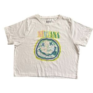 Nirvana "I'm So Happy" Psychedelic Smiley Graphic Cropped Baby Tee White XXL EUC